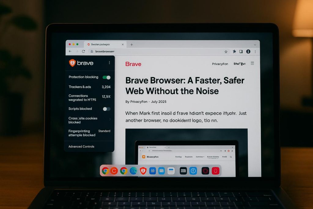 Brave Browser active with privacy controls visible