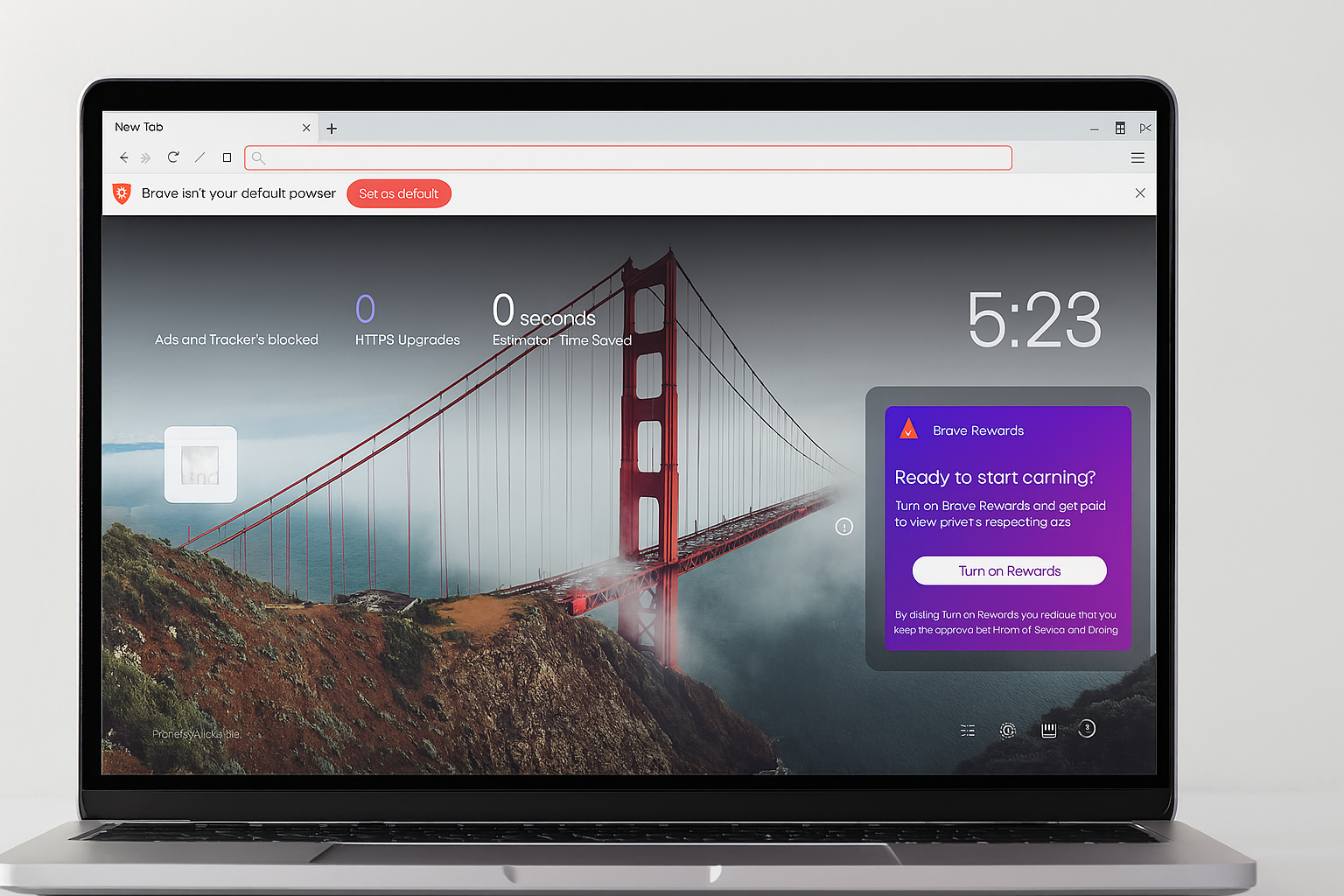 Brave browser open on a minimalist desktop, showing the new tab with privacy statistics and a scenic background