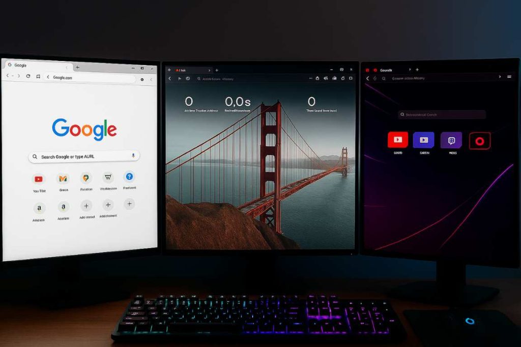 Chrome, Brave, and Opera GX browsers displayed on three adjacent screens