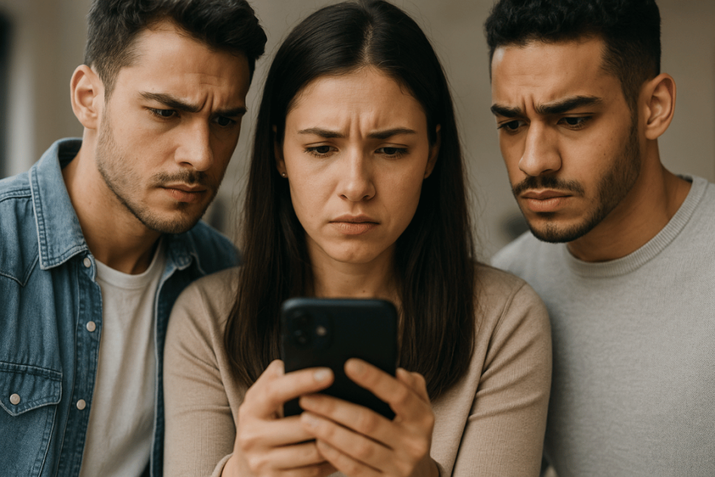three concerned young adults looking at a smartphone screen