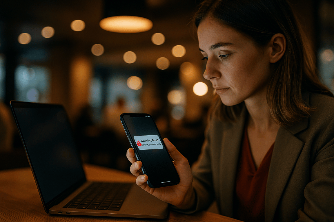 young woman in a café looking at a smartphone with a fake banking alert notification

