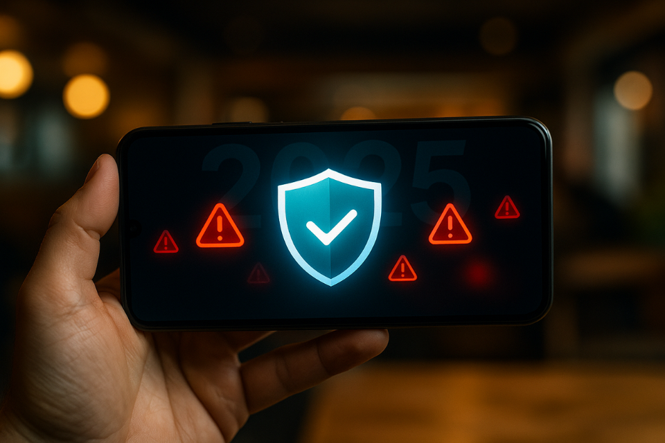 hand holding smartphone with glowing shield icon and warning symbols